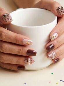 10pcs Square & Round S Size Fake Nails, Quick Nail Art Stickers, Suitable For Party - Multicolor - View 8