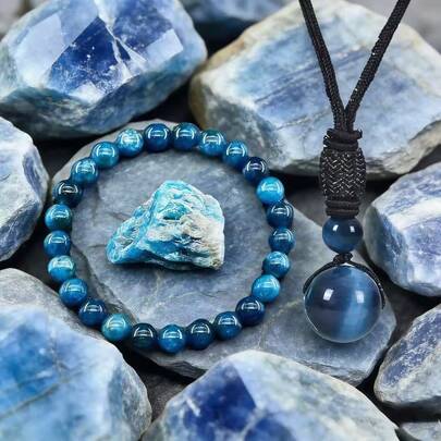 Set de 2 piezas de brazalete y collar con cuentas de piedra natural azul, conjunto de joyería de energía curativa de cristal vintage para mujeres y hombres, collar elástico hecho a mano como regalo