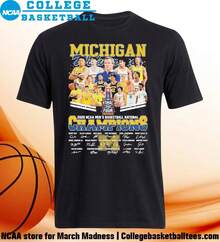 Michigan Wolverines Team Men's Basketball 2026  National Champions Signatures Shirt - Black - View 2