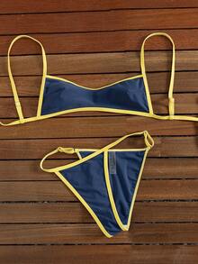 Bộ bikini hai mảnh nữ màu trơn phong cách Bohemian Y2K mới, áo cổ sâu với dây điều chỉnh và viền trang trí tương phản, quần bikini phối màu gợi cảm thanh lịch dễ thương, phù hợp cho bãi biển/mùa xuân/mùa hè, kỳ nghỉ, tiệc bể bơi - Nhiều màu - Xem 6
