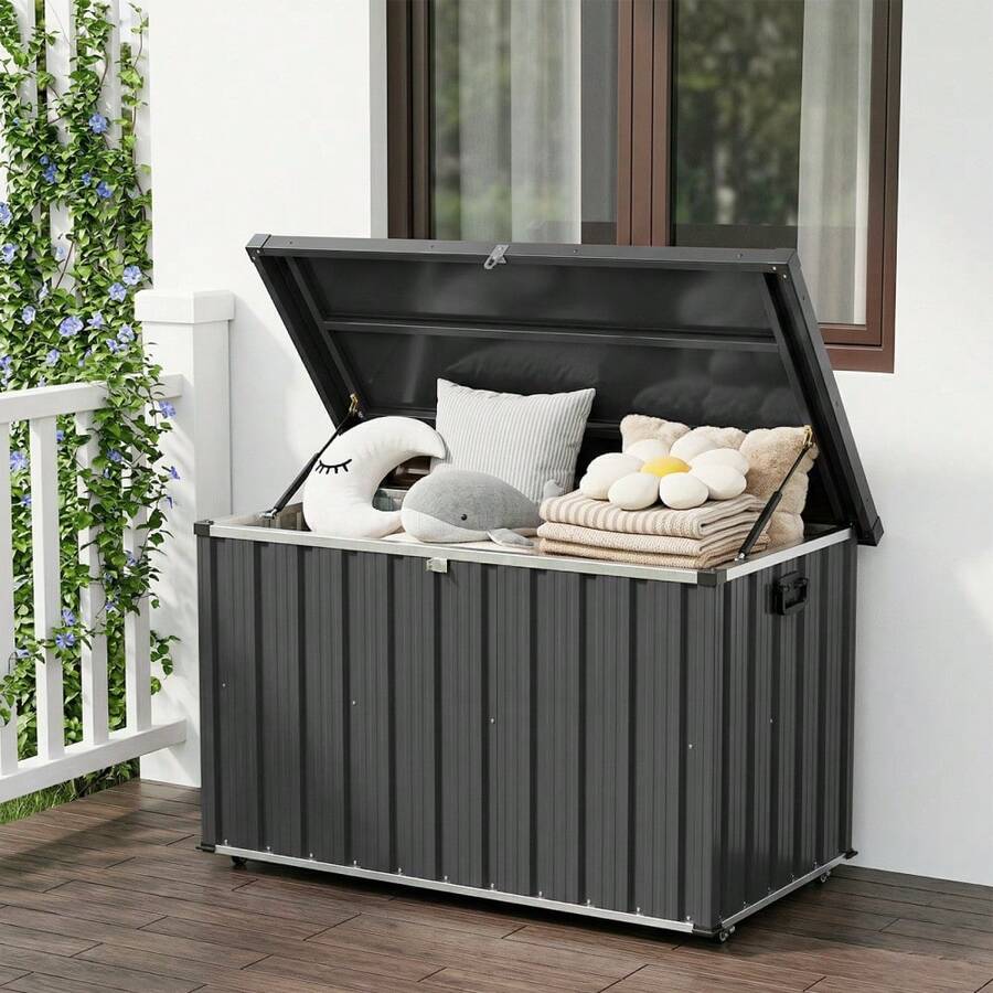 120/150/160/200 Gallon Metal Deck Box Waterproof Outdoor Storage Container, Heavy-Duty Galvanized Steel Patio Storage Box With Wheels & Handles, Large Bin For Patio Cushions, Pool Gear, Garden Tools & Backyard - Thùng 200 gallon màu xám - Xem 1