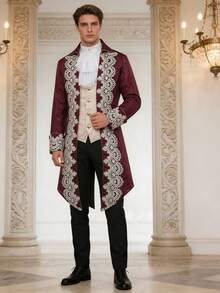 男士长袖蒸汽朋克中世纪燕尾服哥特维多利亚风格礼服外套，秋季款 - 酒紅色 - 查看 1