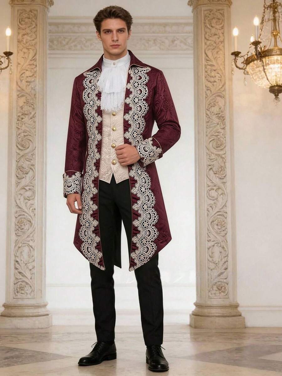 男士长袖蒸汽朋克中世纪燕尾服哥特维多利亚风格礼服外套，秋季款 - 酒紅色 - 查看 1