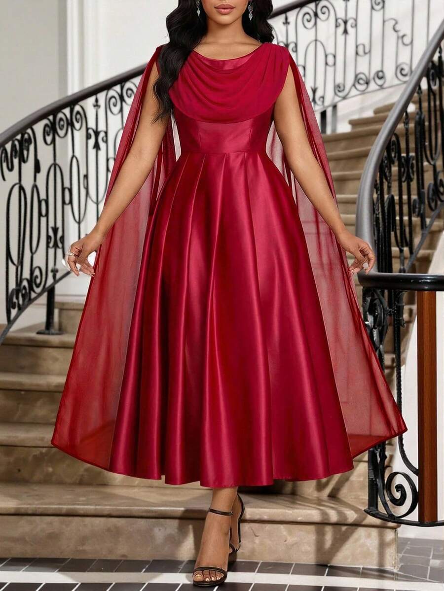Fleurora Women's Solid Color Poncho Design Pleated Elegant Mid-Length Dress Red Elegant Dress Red Satin Dress Burgundy Bridesmaid Dress - Burgundy - View 1
