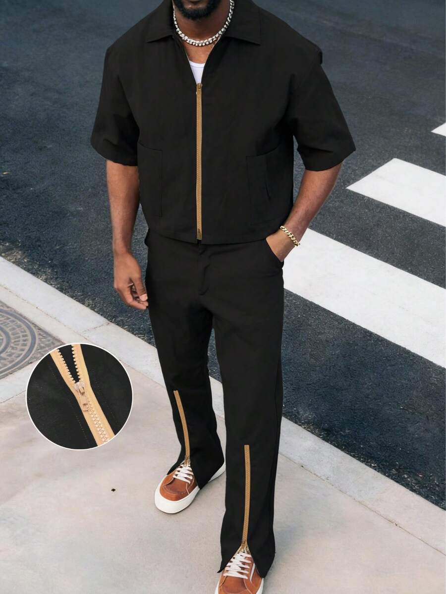 Men's New Zip-Up Short Sleeve & Long Pants 2-Piece Set, Casual Street Style Outfit For Spring/Summer, Outdoor & Daily Wear