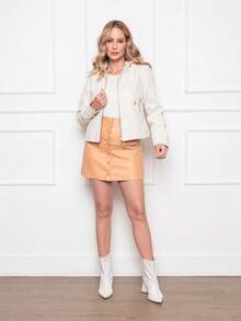 DUOUNO MODAS - WOMEN'S PU LEATHER JACKET/COAT WITH FUR LINING, POCKETS AND BUTTONS - WOMEN'S WINTER LEATHER JACKETS - White - View 6