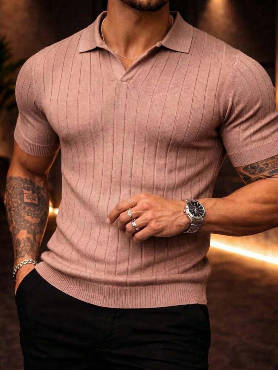 Men's Chic Lightweight Textured Knit Sweater Shirt, High Quality, Perfect For Summer, Spring, Autumn, And Winter, Ideal For Father's Day. - 乾枯玫瑰色 - 查看 1
