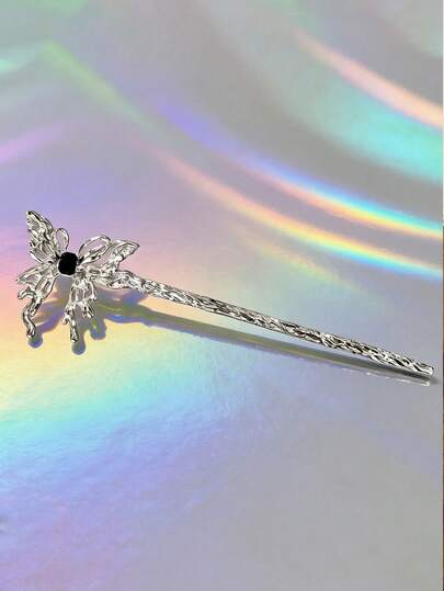 1个银色亮片蝴蝶黑色宝石发夹，Y2K风格发饰，街头时尚定型工具，日常休闲发饰发夹