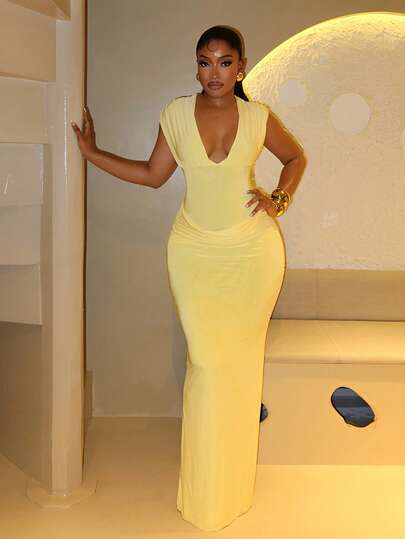 Sexy Deep V-Neck Slit Dress, Elegant Yellow Evening Cocktail Party Gown With 3D Floral Straps, Fitted Long Dress For Summer