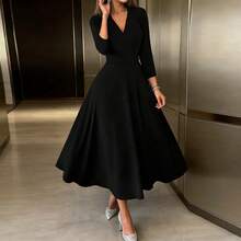 大码女式纯色V领优雅收腰派对连衣裙，春夏黑色 - 黑色 - 查看 1