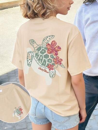 Camiseta holgada con estampado de tortuga para niñas, camiseta con estampado de criaturas marinas felices, tela suave y cómoda para uso estudiantil en verano