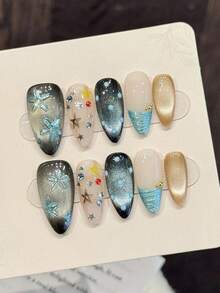 10 Móng Tay Giả Thủ Công | Móng Tay Phong Cách Đại Dương Đêm Sao Sang Trọng | Thiết Kế Sao Biển & Sao 3D | Hình Dáng Hạnh Nhân Dài | Hiệu Ứng Mắt Mèo & Lấp Lánh | Móng Giả Bóng Mịn Có Thể Tái Sử Dụng Cho Mùa Hè, Kỳ Nghỉ, Tiệc Bãi Biển & Hẹn Hò - Nhiều màu - Xem 7