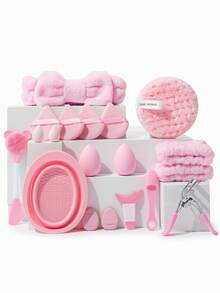Bộ dụng cụ trang điểm đa năng 19 món, bao gồm bông trang điểm, bông phấn, băng đô cài tóc, dụng cụ uốn mi, dụng cụ vệ sinh cọ và dụng cụ làm sạch da mặt, bộ mỹ phẩm hoàn chỉnh. - Hồng - Xem 12