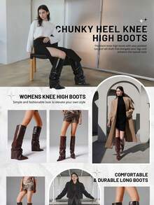Knee High Fold Over Shark Boots For Women Slouchy Pointed Toe Block Thick High Heels Pull On Fashion Punk Pleated Boots Woman - 黑色 - 查看 8