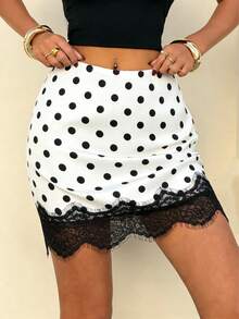 Chân váy ngắn nữ mùa hè thanh lịch, màu trắng chấm bi, viền ren, thích hợp cho các bữa tiệc và đi chơi. - Đen và trắng - Xem 4