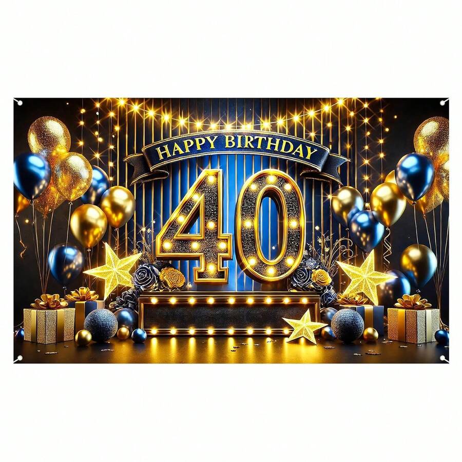 Nuvilar - Banner de decoración de fiesta de cumpleaños con texto "40th Happy Birthday", color azul dorado y azul, 101,6 cm x 43 pulgadas y telón de fondo de globos para celebraciones de hitos - A-Gold 40º - Ver 1