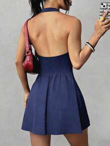 时尚短款喇叭裙连衣裙，领口、后开衩、前襟纽扣设计，无袖，优雅派对装扮 - 藏蓝色 - 查看 5