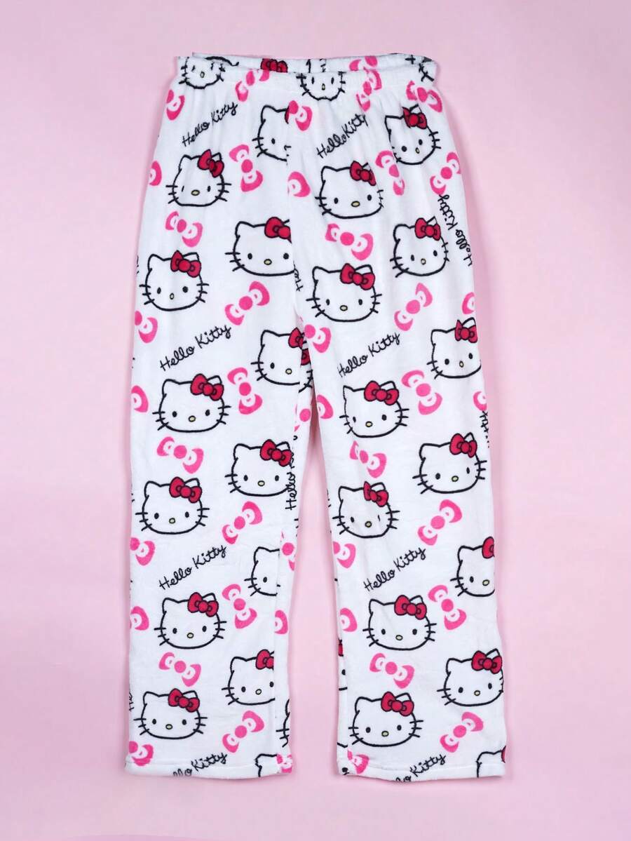 Quần pajama vải flannel Hello Kitty của Sanrio - Kiểu dáng sinh viên, chất liệu vải dệt kim polyester, eo chun, thoải mái cho mùa thu/đông, quần mặc nhà thời trang, lý tưởng cho kỳ nghỉ Giáng sinh và Năm mới. - trắng - Xem 1