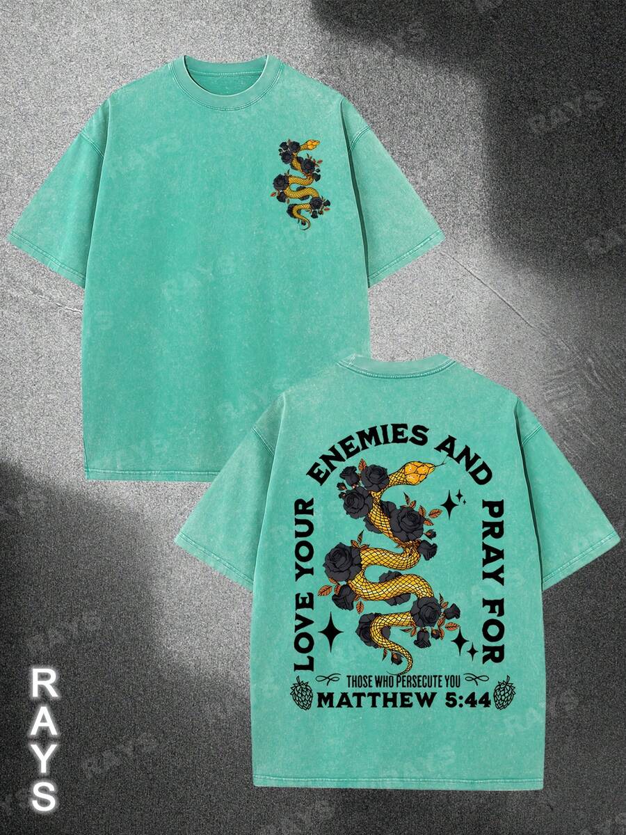 Summer Outfits For WomenMen's 230g Washed Cotton T-Shirt - Streetwear Graphic Tee With "Enemies & Pray" Back Print & Matthew 5:44 Scripture, 100% Cott - 礦物綠 - 查看 1