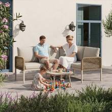 Outdoor Garden Set With Wood-Look Tempered Glass Table, Convertible 4 Seater Polyester Rope Conversation Set With Sofa & Armchairs, Weatherproof Patio Corner Sofa For Balcony & Terrace, Beige - Beige - View 6