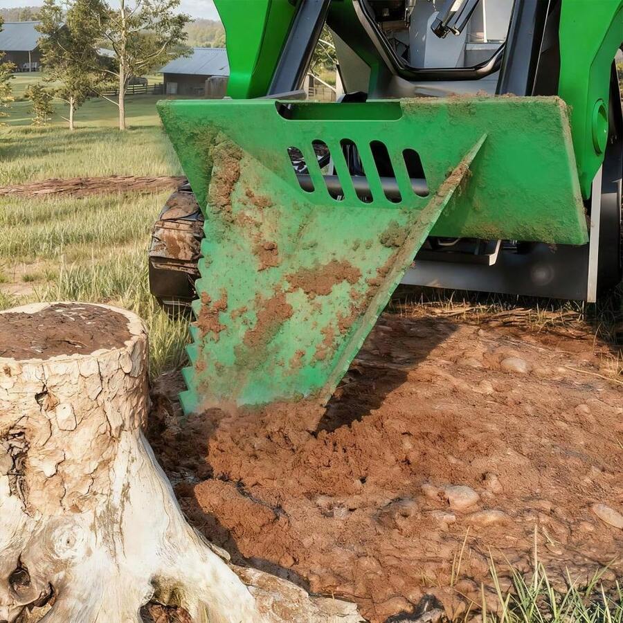 TEQIN Stump Bucket Attachment, Series Stump Bucket Attachment, Universal Skid Steer Quick Tach, Serrated Leading Edge, Tree Scoop Digger For Removing Smaller Tree Stumps And Light Duty Ripping Roots - Green - View 1