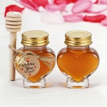 Bộ 6/16/32 hũ mật ong mini hình trái tim 60ml, kèm que khuấy, dây gai, mặt dây chuyền hình ong và thiệp cảm ơn, thích hợp làm quà tặng đám cưới. - Xem 3