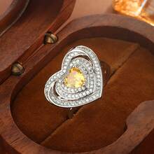 Micro-Inlaid Zirconia Heart-Shaped Ring, Vintage Retro Full Diamond Design - White and Yellow - View 9