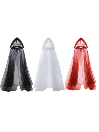 1 chiếc áo choàng lưới đen trơn 160cm có mũ trùm đầu, áo choàng lưới ba lớp, mũ lưới hai lớp, trang phục người lớn, phù thủy, cô dâu, váy cưới, váy phù dâu màu trắng, thích hợp cho hộp đêm, quán bar, lễ hội cưới, đạo cụ trang phục biểu diễn Halloween. Nhiều lựa chọn màu sắc: đỏ, trắng, đen.