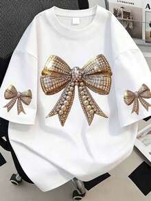Plus Size Women's Rhinestone Bow Decor Printed Short Sleeve Round Neck T-Shirt Casual White Summer - White - View 3