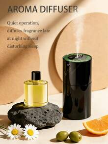 极简黑色香薰机，USB充电，6种精油可选。静音运行，适合夜间使用。顶部环形LED灯。适用于桌面、床头柜等多种场景，多功能用途：卧室助眠、客厅香氛、办公室舒缓压力、车载除臭。一机多用，为生活增添仪式感。 - 黑色 - 查看 1