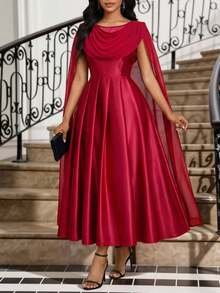 Fleurora Women's Solid Color Poncho Design Pleated Elegant Mid-Length Dress Red Elegant Dress Red Satin Dress Burgundy Bridesmaid Dress - Burgundy - View 6
