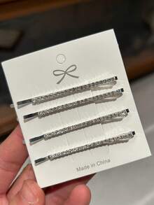 4-8pcs 6cm Fashionable Minimalist Rhinestone Hair Clips, Versatile Daily Use - Silver - View 5
