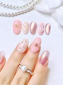 nailrosy 10 miếng dán móng tay thủ công, hình dáng mắt mèo hạnh nhân ngắn, miếng dán móng tay cưới, miếng dán móng tay acrylic, bộ dụng cụ làm móng gel, móng giả, dùng cho tiệc cưới, sinh nhật, phụ kiện làm móng acrylic phong cách Gothic, nghệ thuật vẽ móng 3D dễ thương và thanh lịch, hoa gel chạm khắc - Hồng - Xem 2