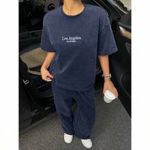 Women's Washed Brown T-Shirt And Pants Two-Piece Casual Set - 藏蓝色 - 查看 6