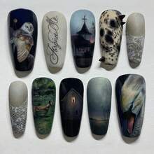 30 Pieces Of High-End Dark-Style Niche Halloween Owl Studded And-Embellished Press-On Nails, In Stock - Black SG-01-03 Jelly Gel + Roller - View 2