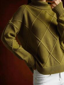 Solid Color Turtleneck Long Sleeve Sweater, Autumn/Winter - Olive Green - View 3