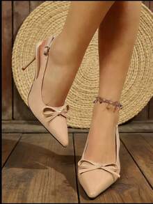 女士夏季新款舒适时尚百搭蝴蝶结尖头细高跟鞋，漆皮优雅办公/派对高跟鞋 - 杏色 - 查看 5