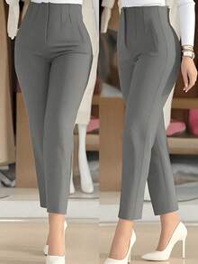 Pantalones de talle alto de unicolor, ajustados y de longitud tobillera para uso diario, primavera - Gris - Ver 2