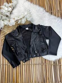 Girls' Faux Leather Jacket With Front Ruffle, Double-Sided Zipper, And Modern Collar – Black And Brown, Sizes 2 To 10 Years - 黑色 - 查看 16