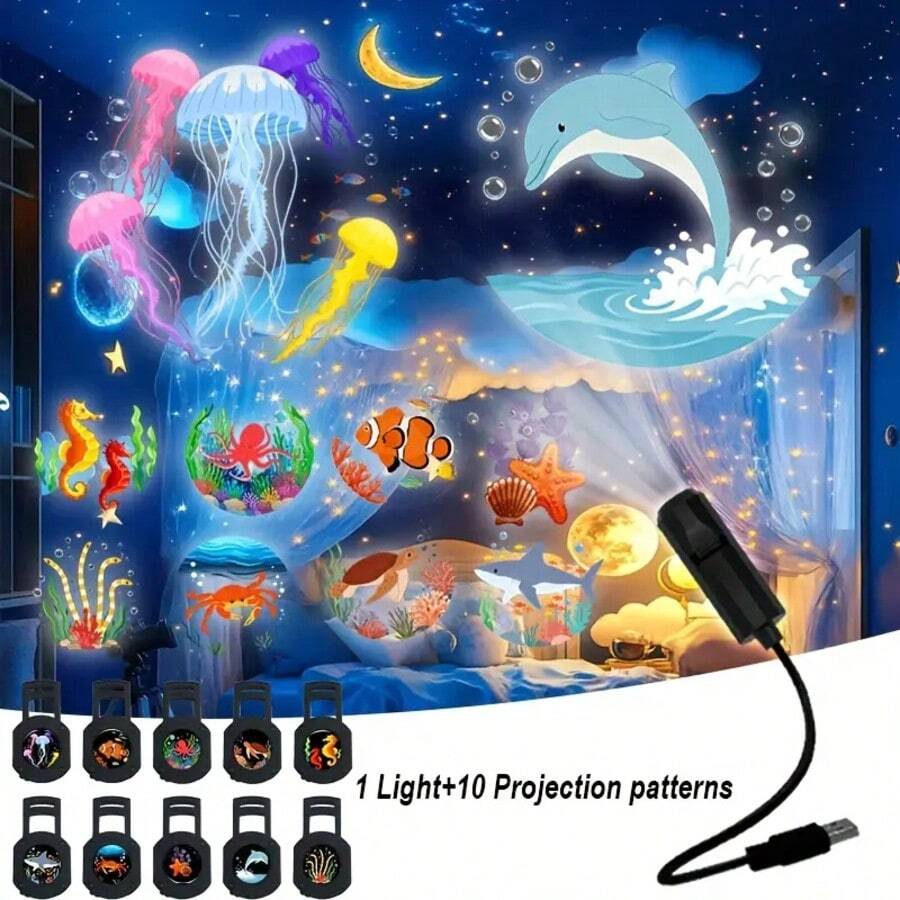LED Projection Night Light With 10, 6 Or 3 Projection Designs, Marine Life Projection Light, LED Ocean Projection Light, USB Powered Space Themed Bedroom Decoration, And Night Light For Bedrooms - USB - 查看 1