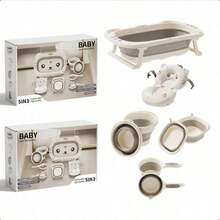 5pc Baby Bath Set With Foldable Bathtub, Thermometer & Soft Cushion, Portable Infant To Toddler Bath Kit With Pail, Scoop & Basin - 白色 - 查看 4