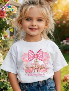 Girls' Disney Minnie Mouse Headband "Disneyland Castle Flower Language" T-Shirt, Summer Cartoon Short-Sleeved Top, Pink Dreamy Princess Design. - trắng - Xem 1