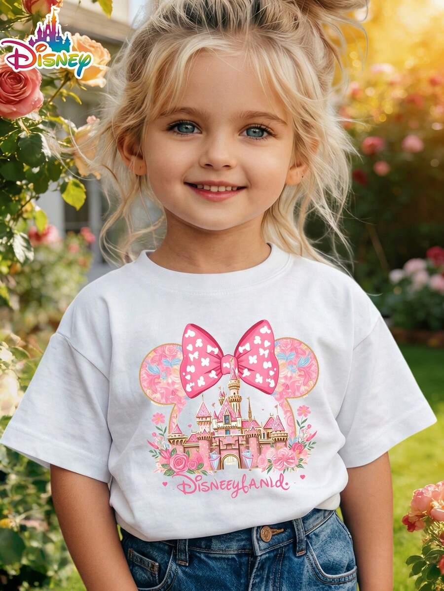 Girls' Disney Minnie Mouse Headband "Disneyland Castle Flower Language" T-Shirt, Summer Cartoon Short-Sleeved Top, Pink Dreamy Princess Design. - trắng - Xem 1