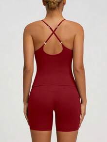 女士交叉绑带露背弹力吊带背心和短裤运动套装 - 紅色 - 查看 6