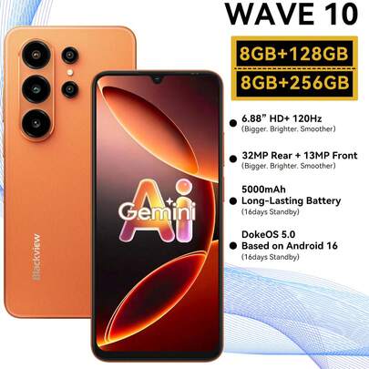 Blackview WAVE10 无锁智能手机，Android 16 系统，5000mAh 电池，支持 10W 快充，八核处理器（8GB+24GB 可扩展），GB+128GB/256GB SD 卡，最高支持 1TB 存储容量