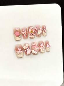 10片方形手工美甲贴纸，适合派对和日常佩戴，“小熊乐园”粉色卡通图案，可爱温柔的白色方形美甲贴纸，易于佩戴。10片Y2K风格手工美甲贴纸，适合女士节日、派对、音乐节和日常佩戴，也是情人节和母亲节的礼物之选。按压式美甲贴纸。 - 粉色 - 查看 9