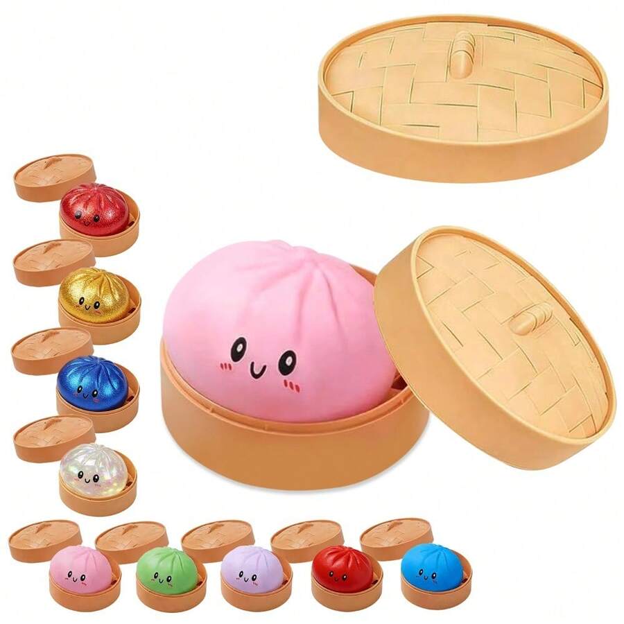 Dumpling Squishy Toy With Steamer Box, Pink Slow Rising Fidget Squishies, Sensory Toys For Classroom, Stress Relief Anxiety Fidgets For Adults Kids, Kawaii Food Shaped Collectible Squishies, Party Favors, Soft Pinch Gift, Pink - 粉色 - 查看 1