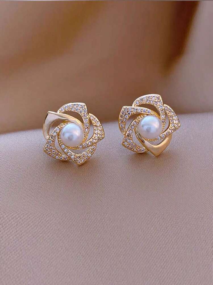 1 Pair Vintage Elegant Rhinestone & Faux Pearl Round Design Earrings, Suitable For Daily, Party, And Formal Occasions For Women - 主圖款 - 查看 8