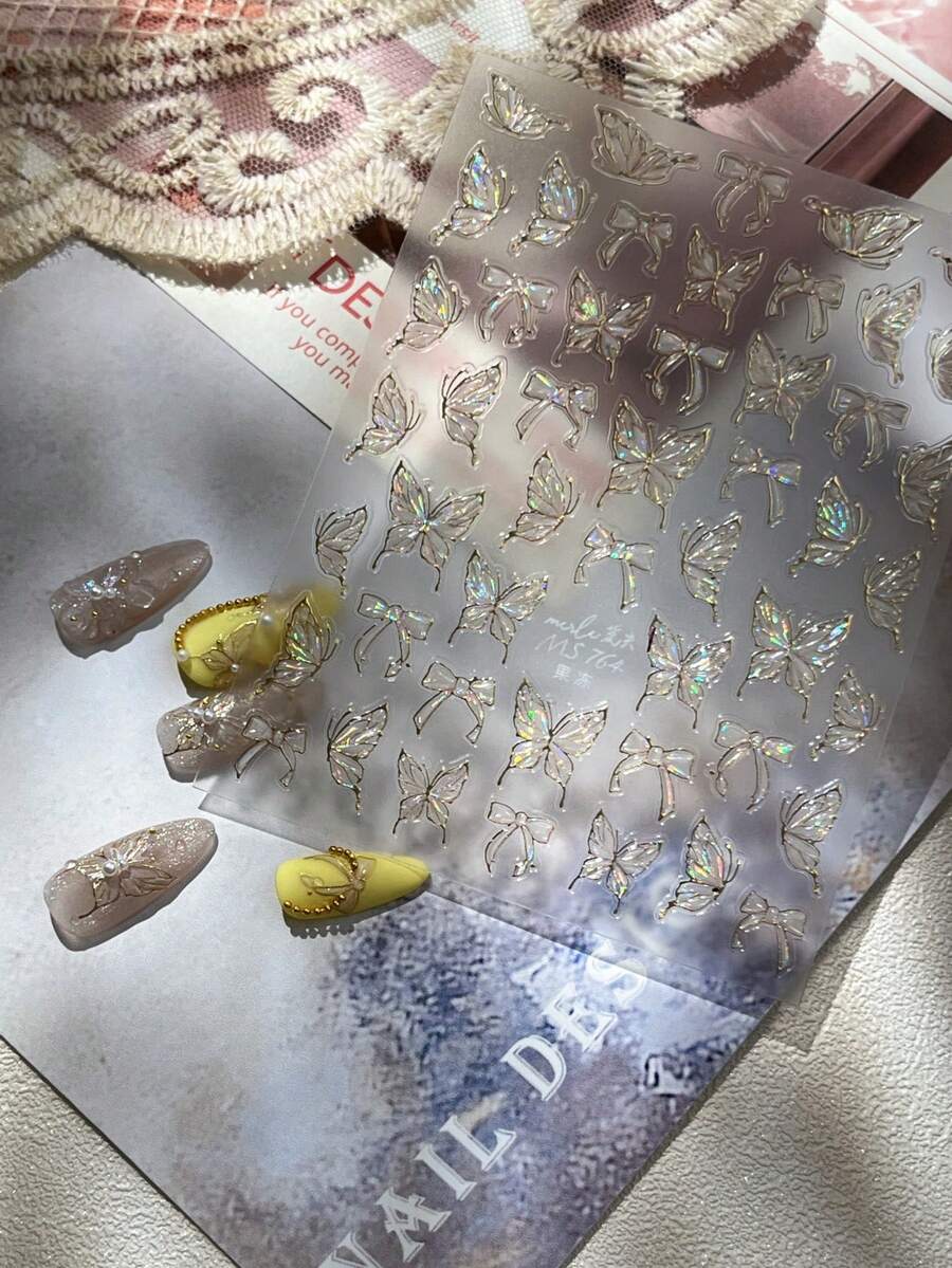 1片闪亮蝴蝶美甲贴纸,精致蝴蝶美甲贴纸,DIY薄硬指甲装饰贴纸,美甲用品,美甲贴纸 - 彩色 - 查看 1