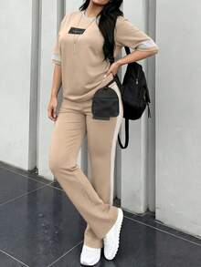 Conjunto de 2 piezas de camiseta de manga corta de cuello redondo y pantalones sueltos de cintura elástica para mujer, uso casual diario, primavera/otoño verano - Albaricoque 117 - Ver 3